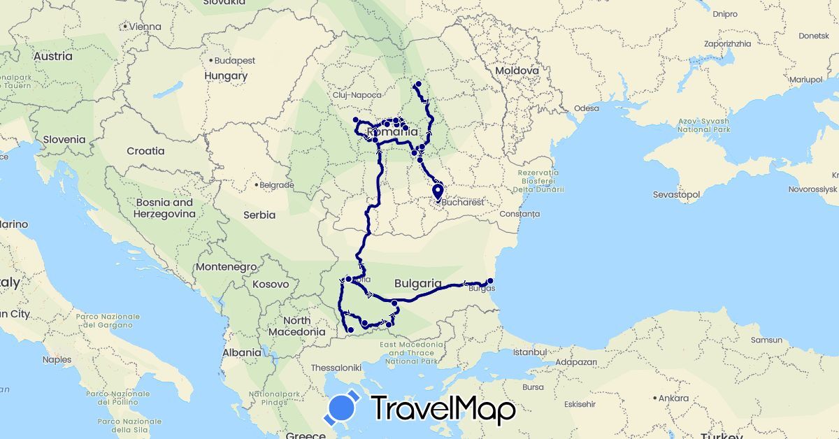 TravelMap itinerary: driving in Bulgaria, Romania (Europe)