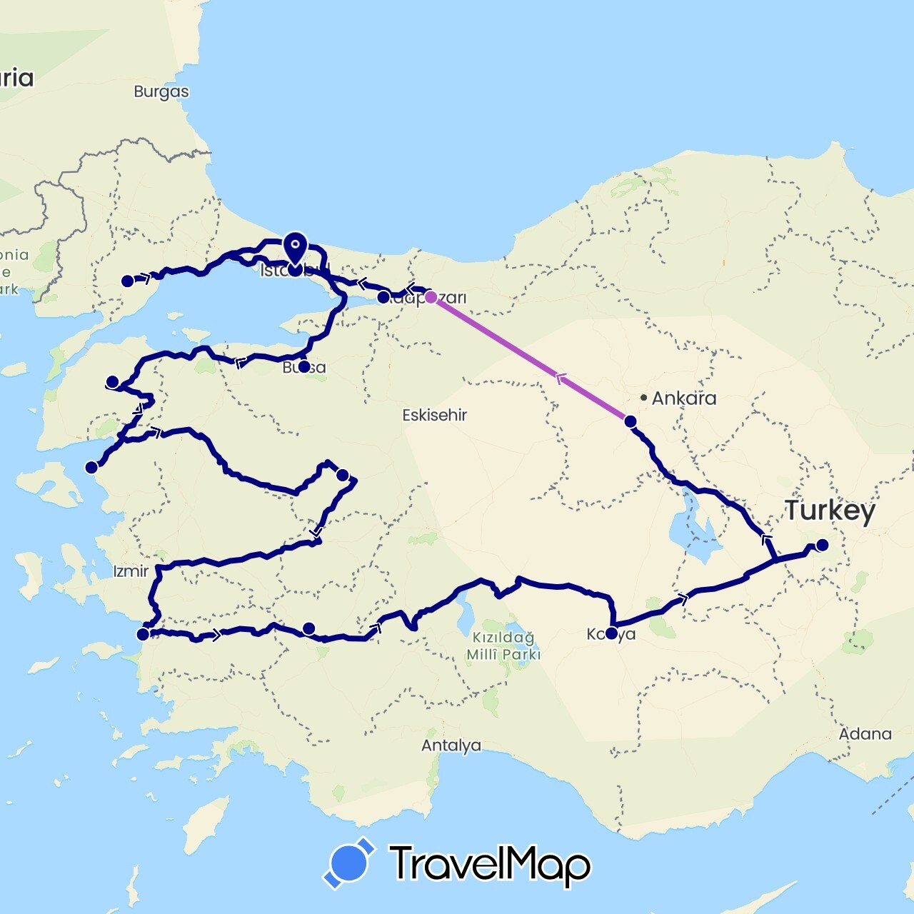 TravelMap itinerary: driving, train in Turkey (Asia)