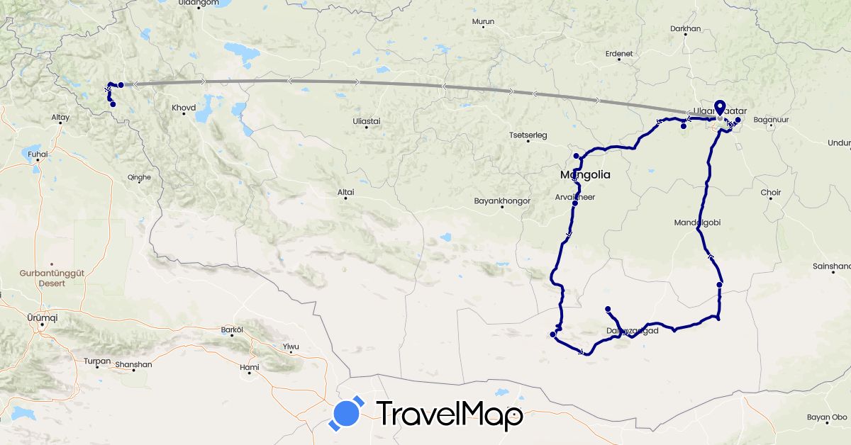TravelMap itinerary: driving, plane in Mongolia (Asia)