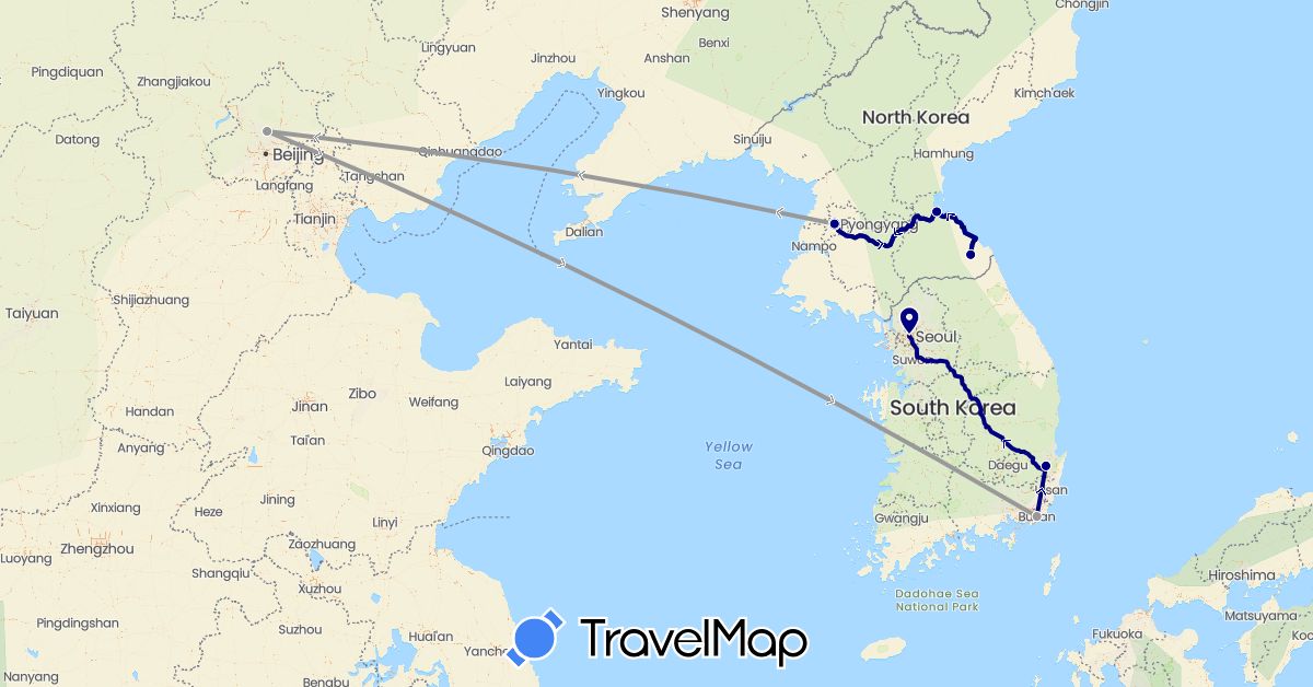 TravelMap itinerary: driving, plane in China, North Korea, South Korea (Asia)