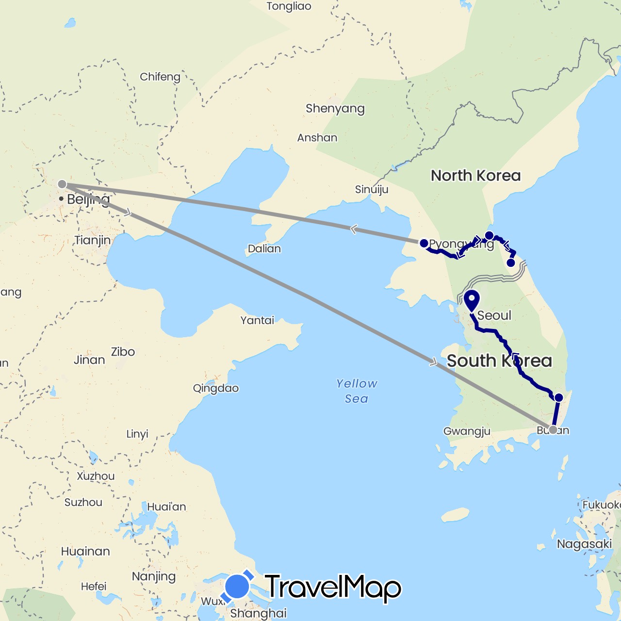 TravelMap itinerary: driving, plane in China, North Korea, South Korea (Asia)