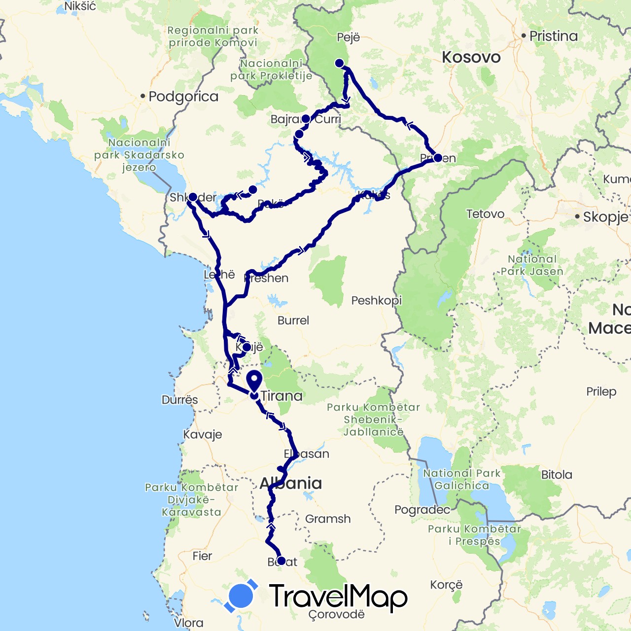 TravelMap itinerary: driving in Albania, Kosovo (Europe)