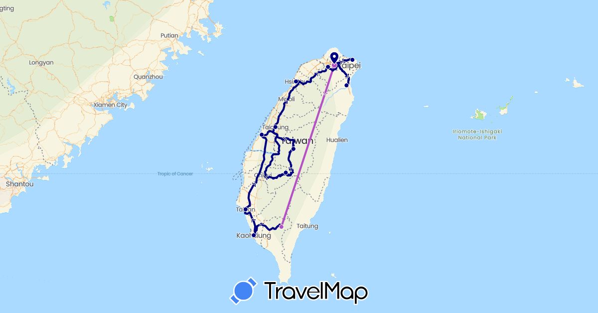 TravelMap itinerary: driving, train in Taiwan (Asia)