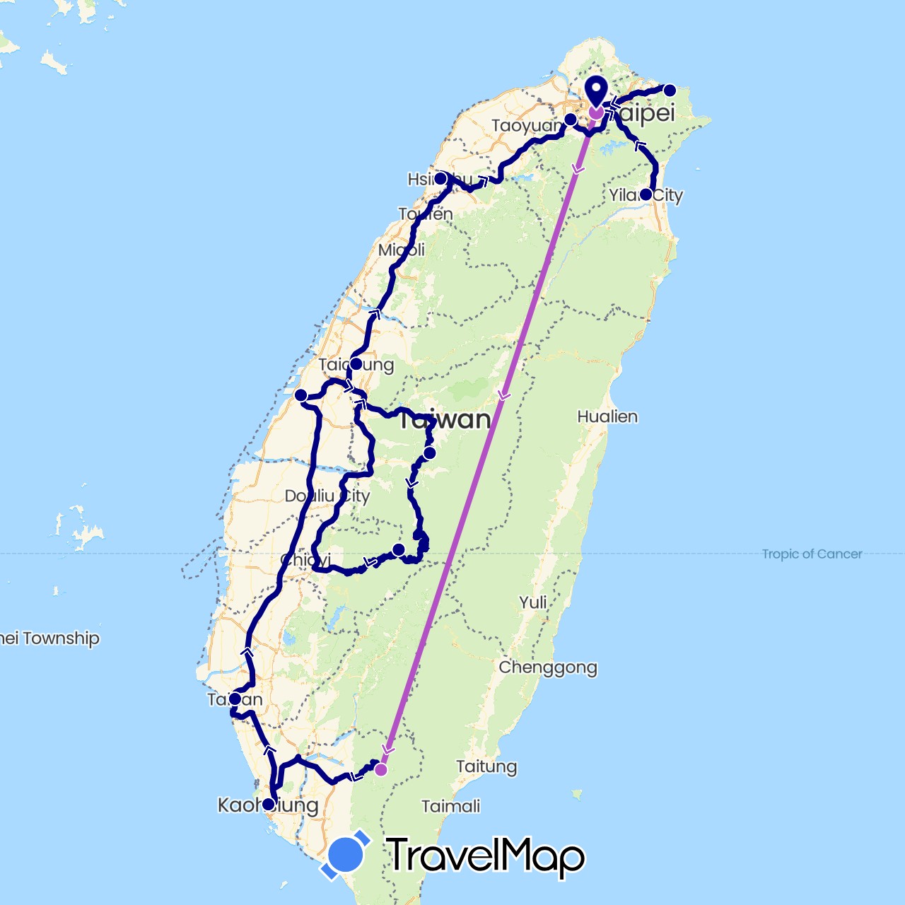 TravelMap itinerary: driving, train in Taiwan (Asia)