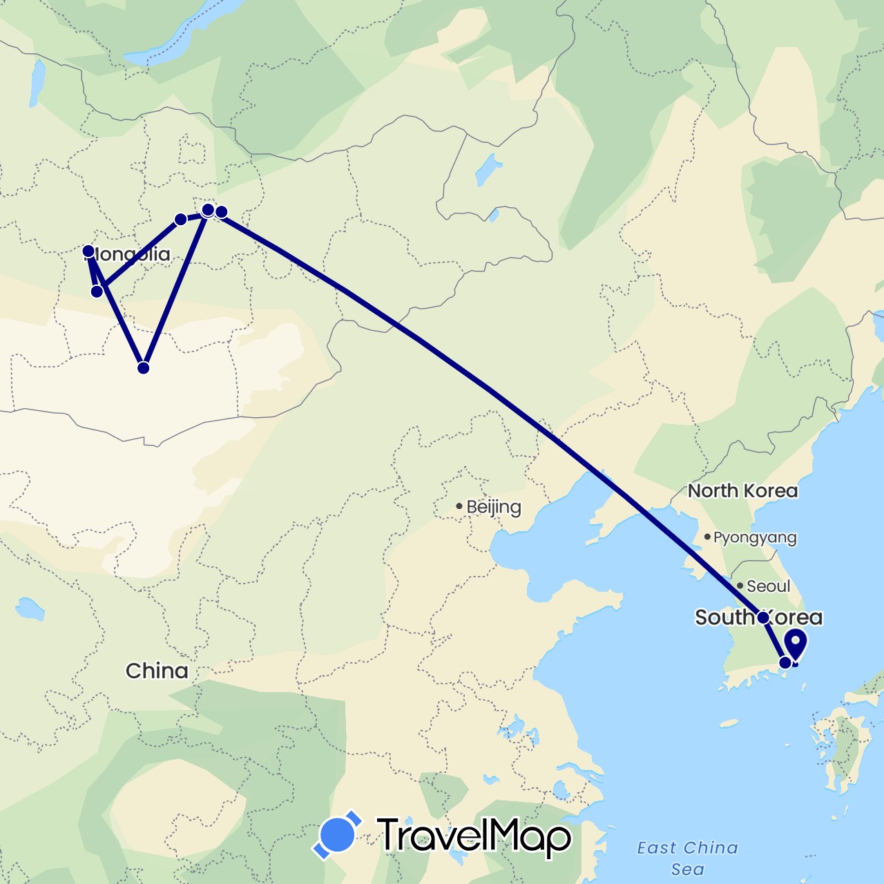 TravelMap itinerary: driving in South Korea, Mongolia (Asia)