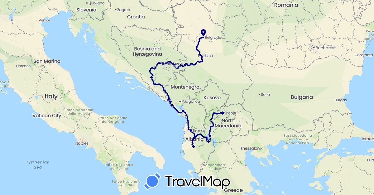 TravelMap itinerary: driving in Albania, Bosnia and Herzegovina, Montenegro, Macedonia, Serbia (Europe)