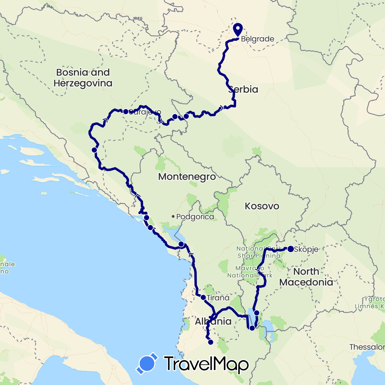 TravelMap itinerary: driving in Albania, Bosnia and Herzegovina, Montenegro, Macedonia, Serbia (Europe)