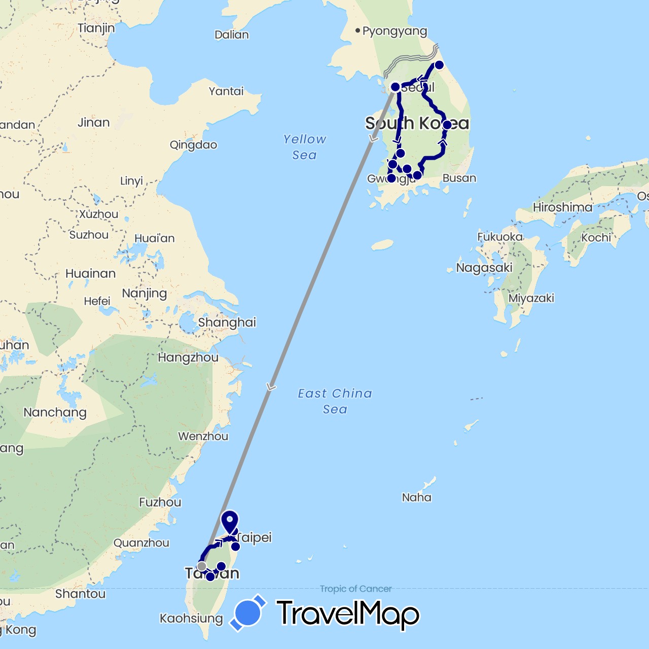 TravelMap itinerary: driving, plane in South Korea, Taiwan (Asia)