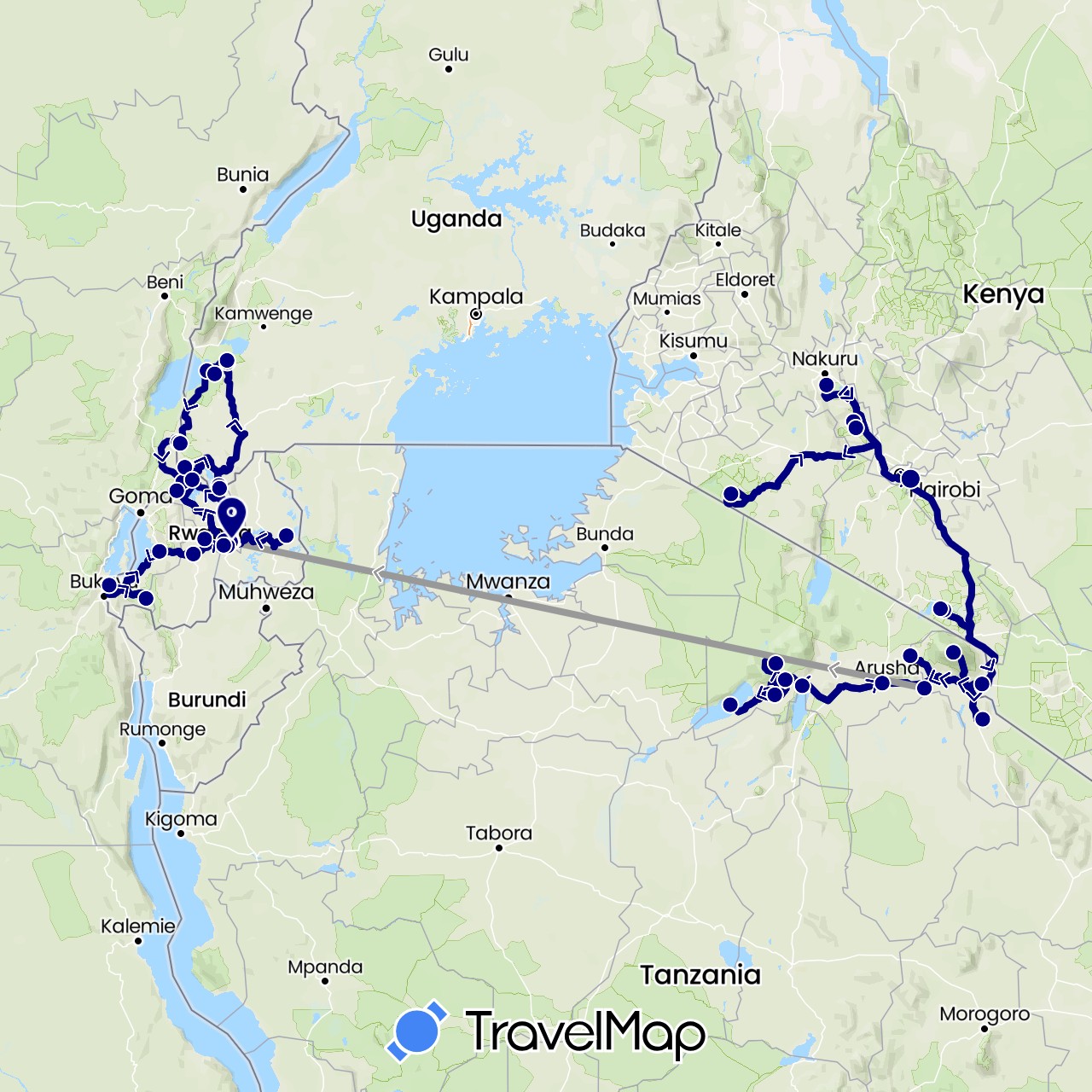 TravelMap itinerary: driving, plane in Kenya, Rwanda, Tanzania, Uganda (Africa)