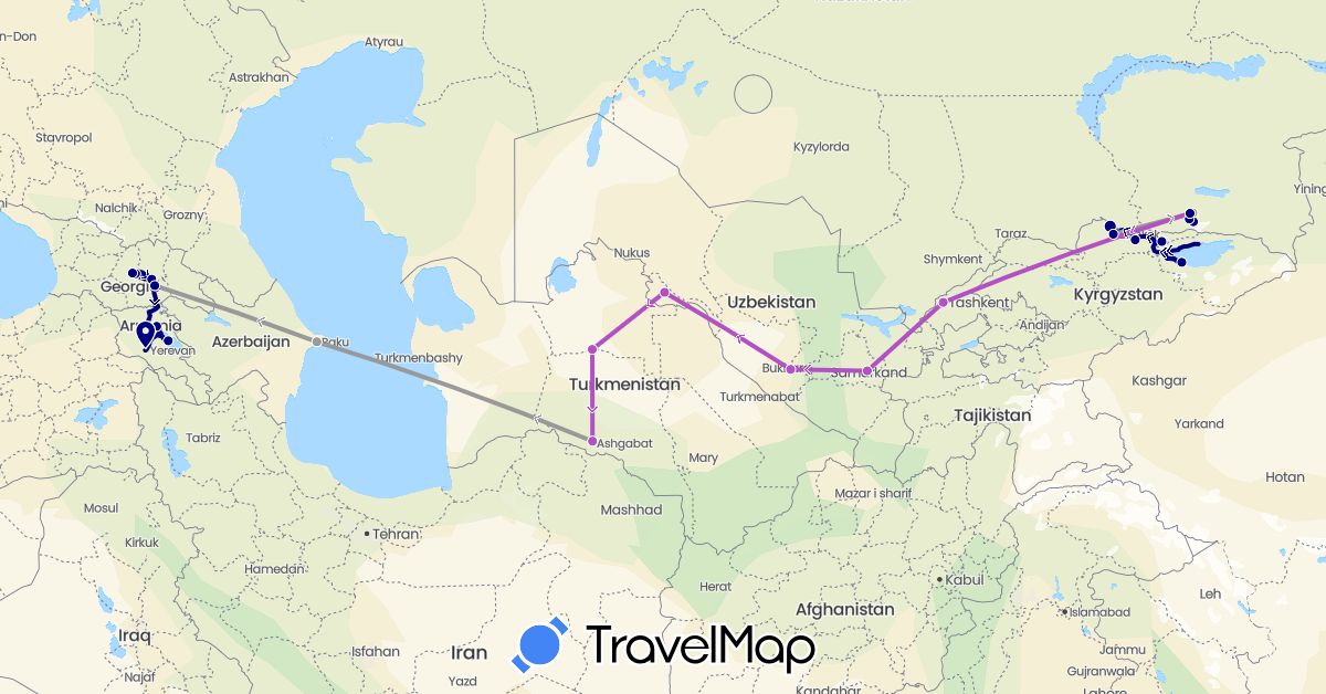 TravelMap itinerary: driving, plane, train in Armenia, Azerbaijan, Georgia, Kyrgyzstan, Kazakhstan, Turkmenistan, Uzbekistan (Asia)