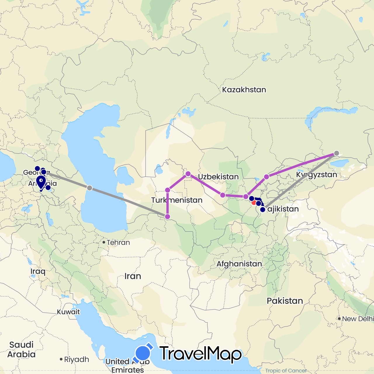 TravelMap itinerary: driving, plane, train, hiking in Armenia, Azerbaijan, Georgia, Kazakhstan, Tajikistan, Turkmenistan, Uzbekistan (Asia)