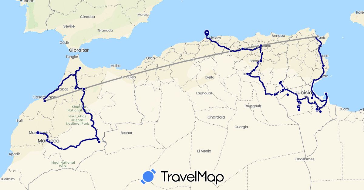 TravelMap itinerary: driving, plane in Algeria, Morocco, Tunisia (Africa)