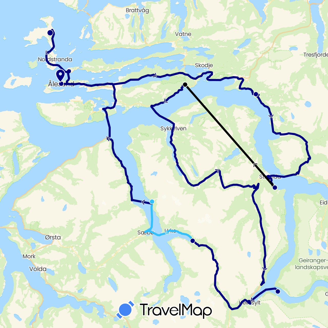 TravelMap itinerary: driving, boat, flight in Norway (Europe)