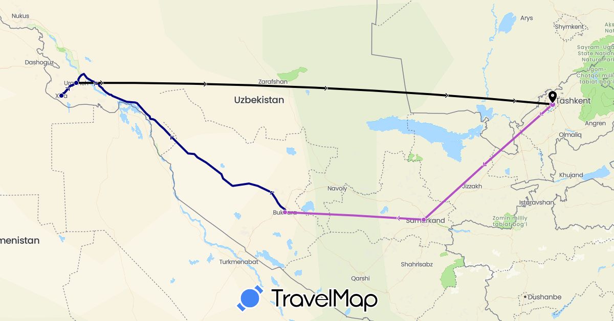 TravelMap itinerary: driving, train, flight in Uzbekistan (Asia)