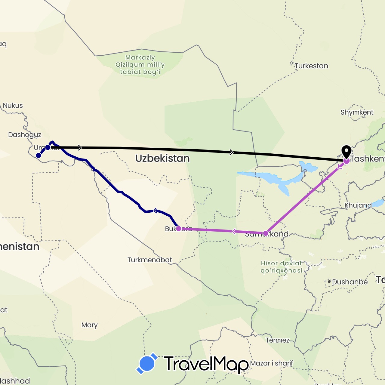 TravelMap itinerary: driving, train, flight in Uzbekistan (Asia)