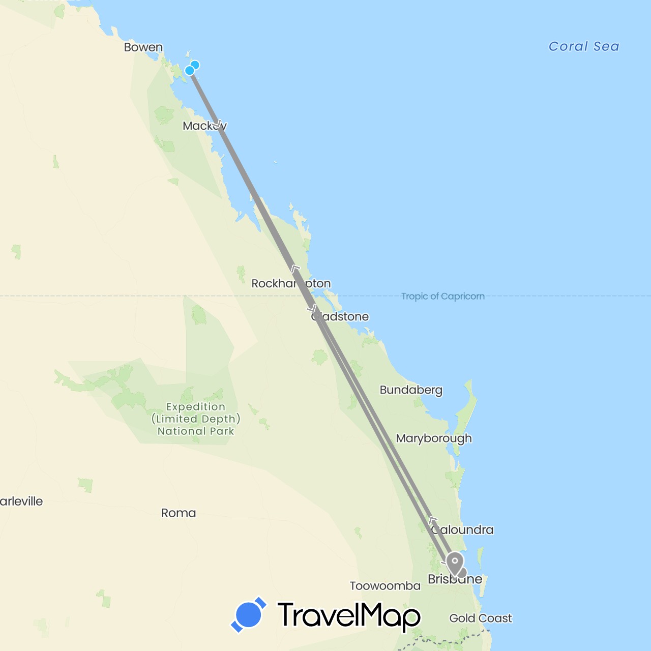 TravelMap itinerary: driving, plane, boat in Australia (Oceania)