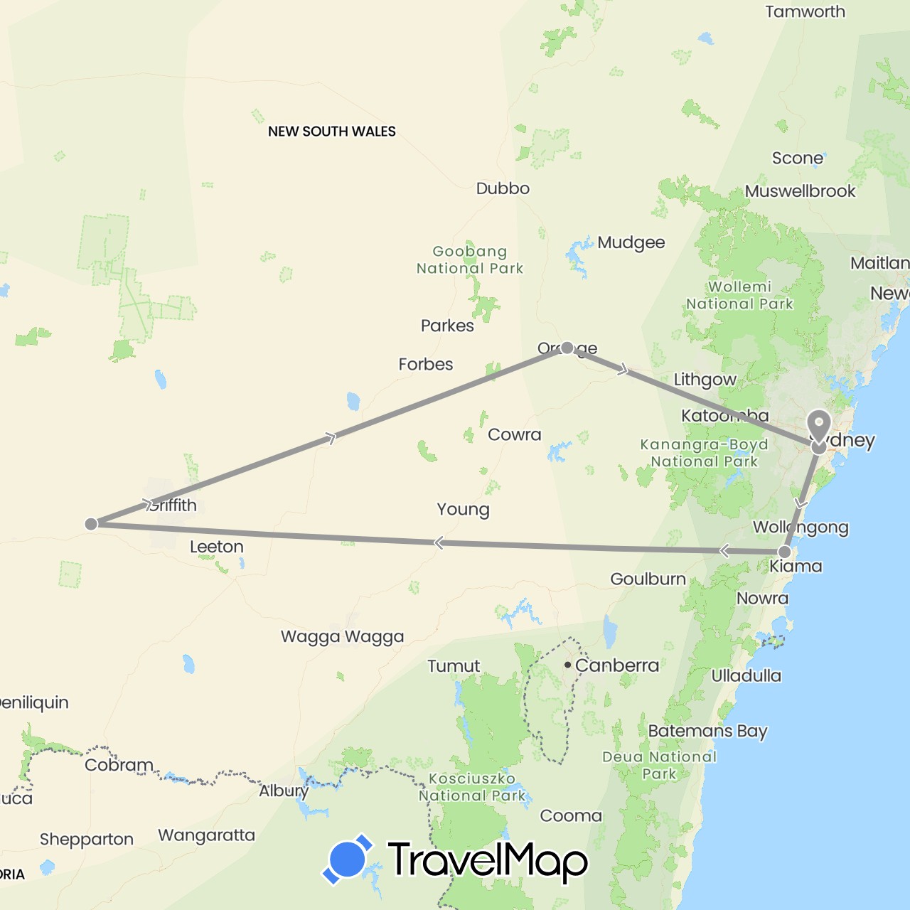 TravelMap itinerary: driving, plane in Australia (Oceania)