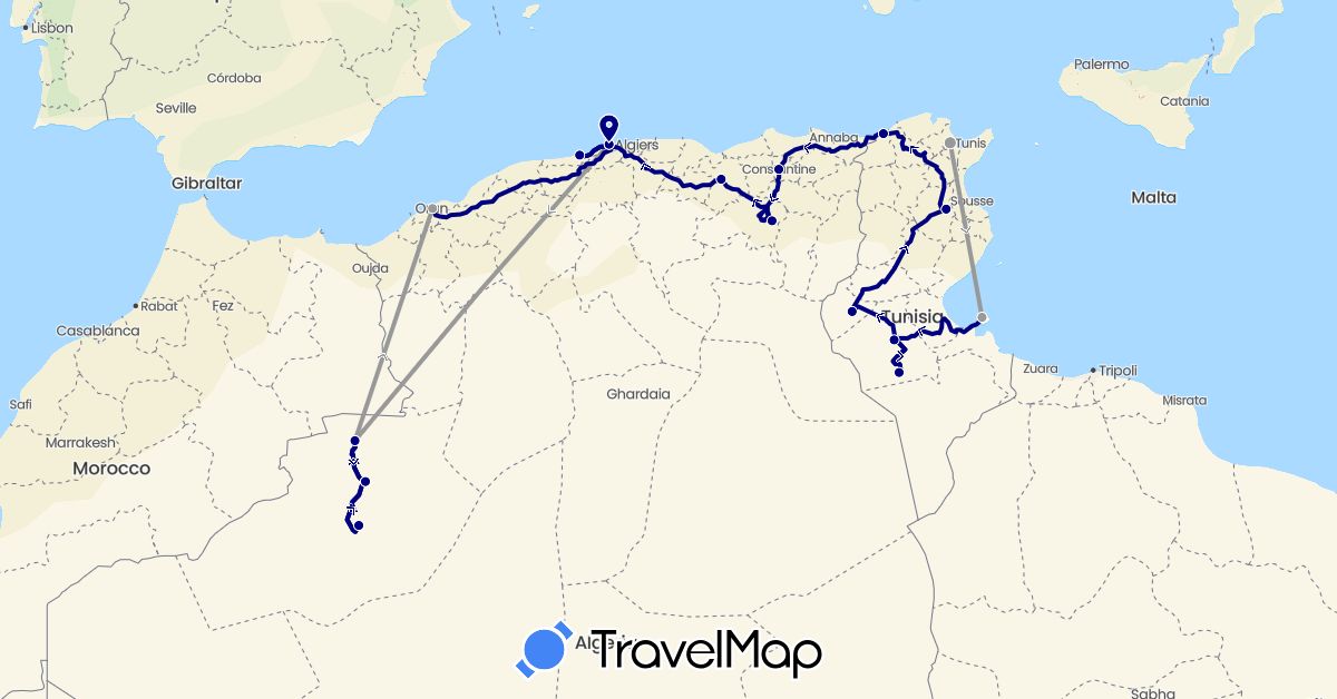 TravelMap itinerary: driving, plane in Algeria, Tunisia (Africa)
