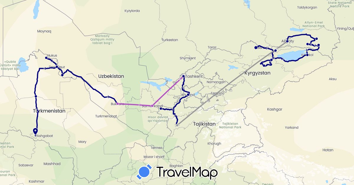 TravelMap itinerary: driving, plane, train in Kyrgyzstan, Kazakhstan, Tajikistan, Turkmenistan, Uzbekistan (Asia)
