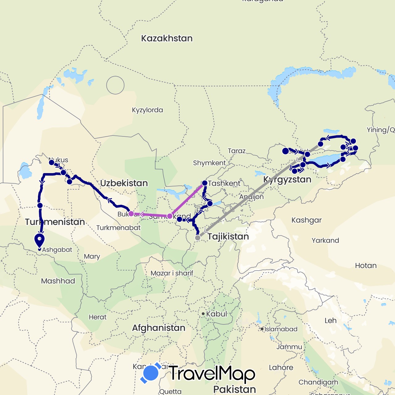 TravelMap itinerary: driving, plane, train in Kyrgyzstan, Kazakhstan, Tajikistan, Turkmenistan, Uzbekistan (Asia)