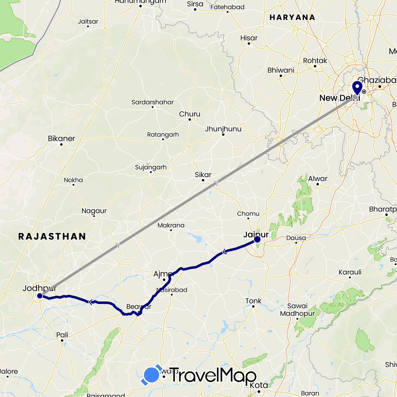 TravelMap itinerary: driving, plane in India (Asia)