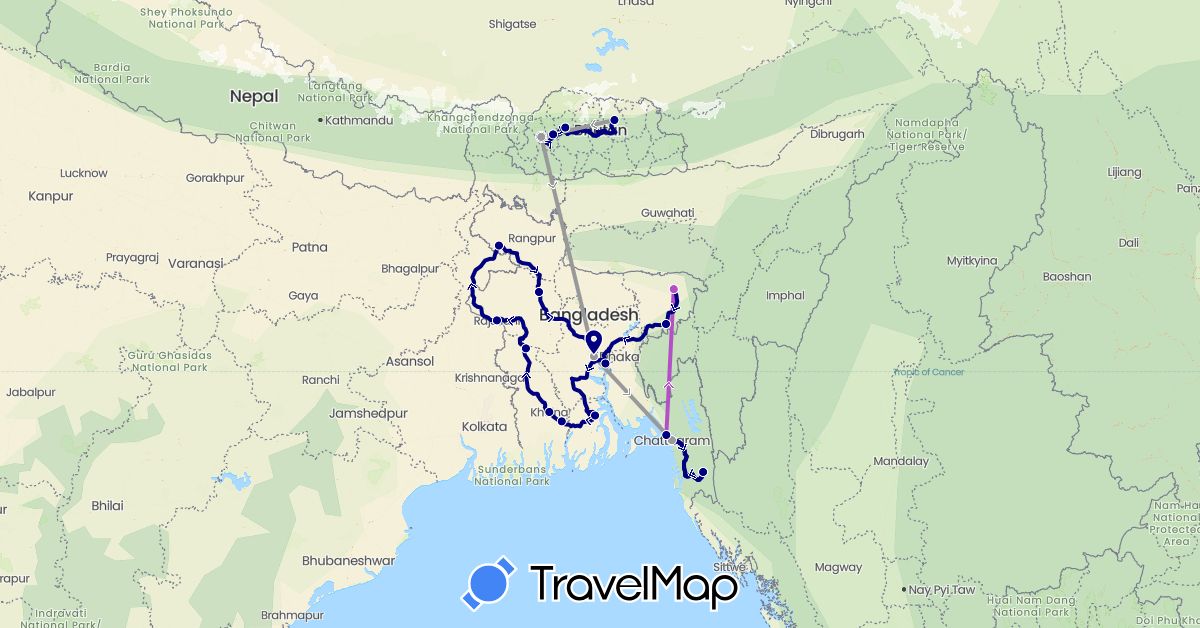 TravelMap itinerary: driving, plane, train in Bangladesh, Bhutan (Asia)