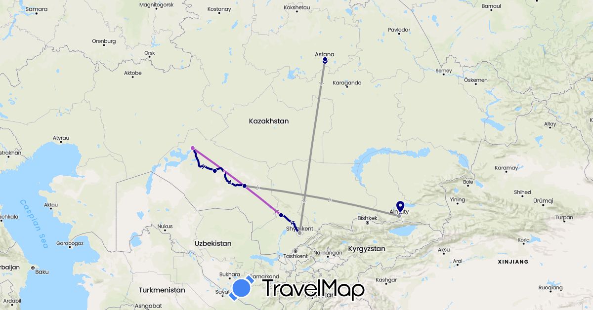 TravelMap itinerary: driving, plane, train, flight in Kazakhstan (Asia)