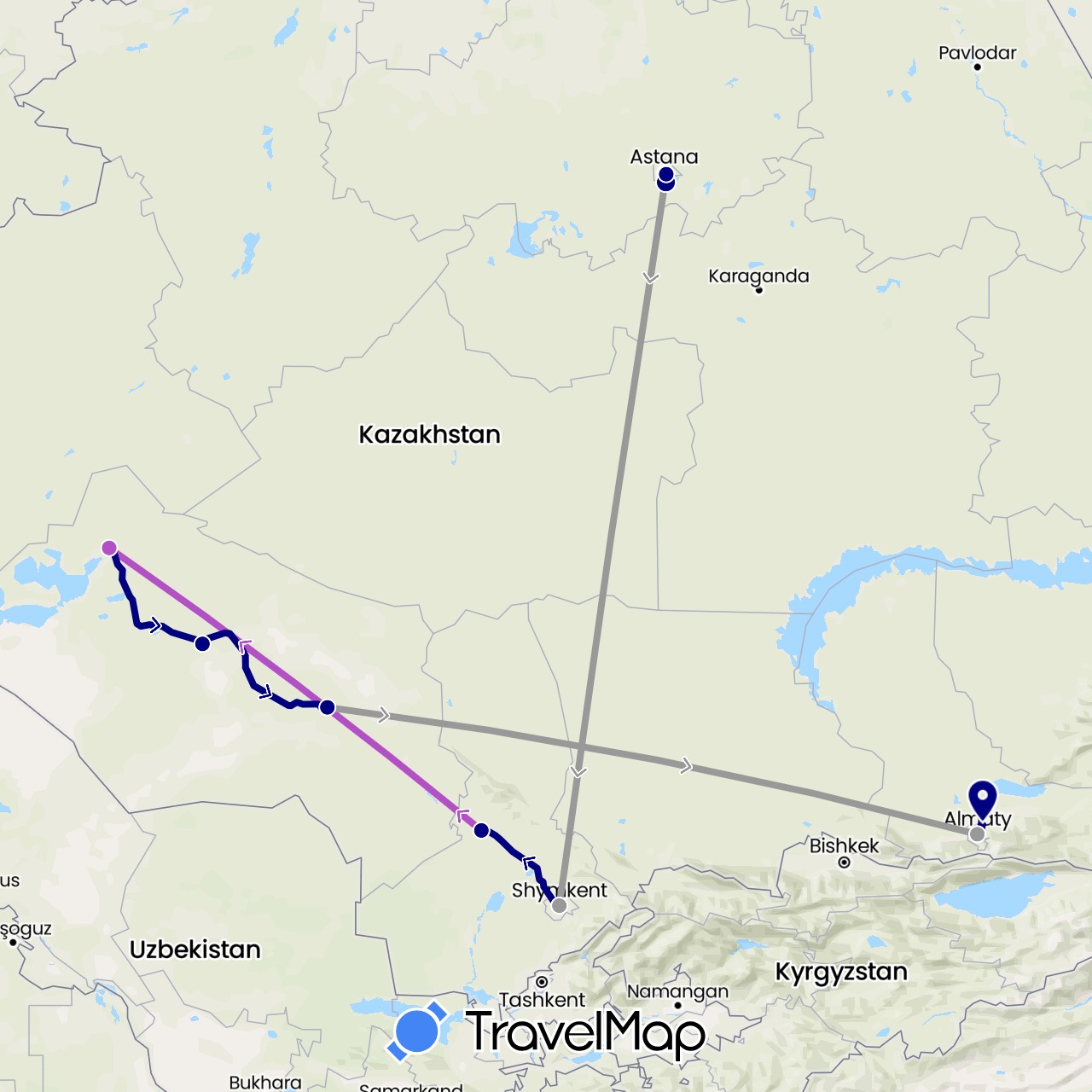 TravelMap itinerary: driving, plane, train, flight in Kazakhstan (Asia)