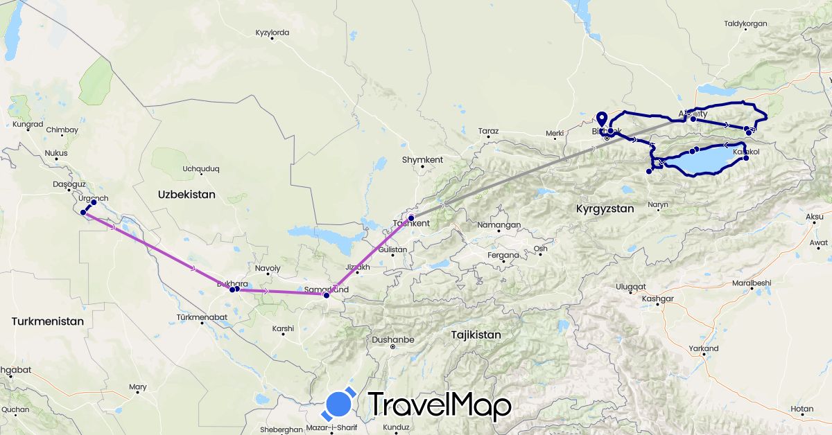 TravelMap itinerary: driving, plane, train in Kyrgyzstan, Kazakhstan, Uzbekistan (Asia)