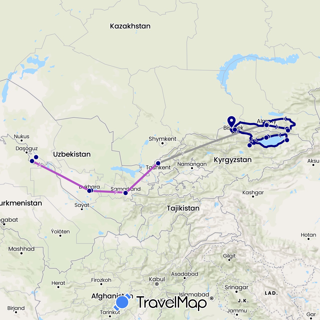 TravelMap itinerary: driving, plane, train in Kyrgyzstan, Kazakhstan, Uzbekistan (Asia)