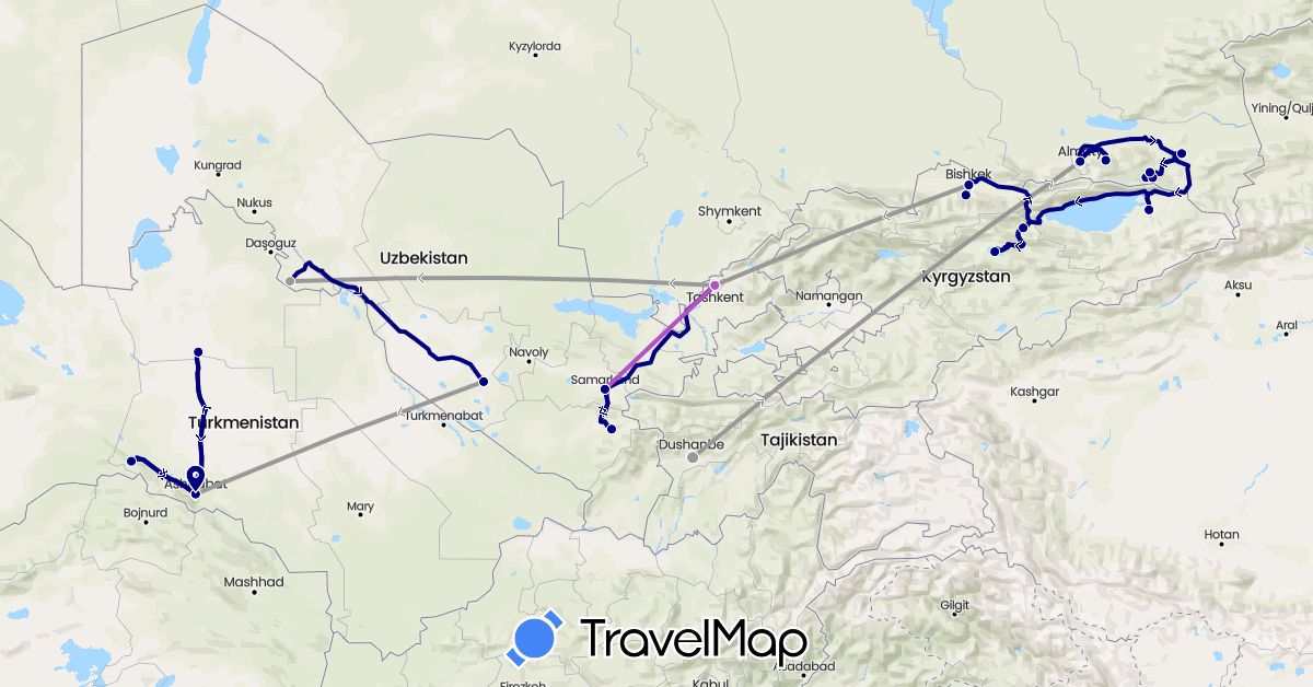 TravelMap itinerary: driving, plane, train in Kyrgyzstan, Kazakhstan, Tajikistan, Turkmenistan, Uzbekistan (Asia)