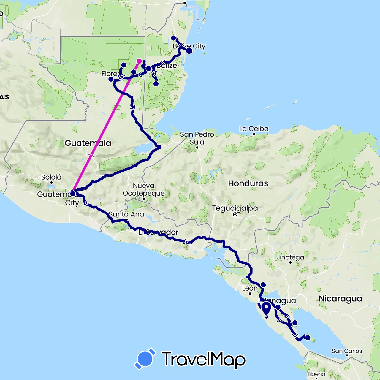 TravelMap itinerary: driving, helicopter in Belize, Guatemala, Nicaragua (North America)