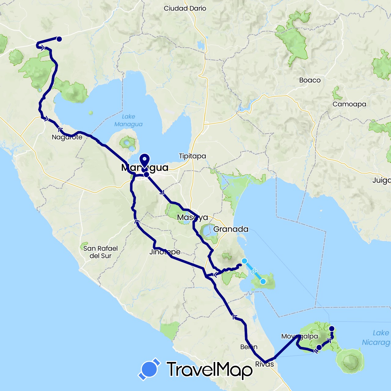 TravelMap itinerary: driving, boat in Nicaragua (North America)
