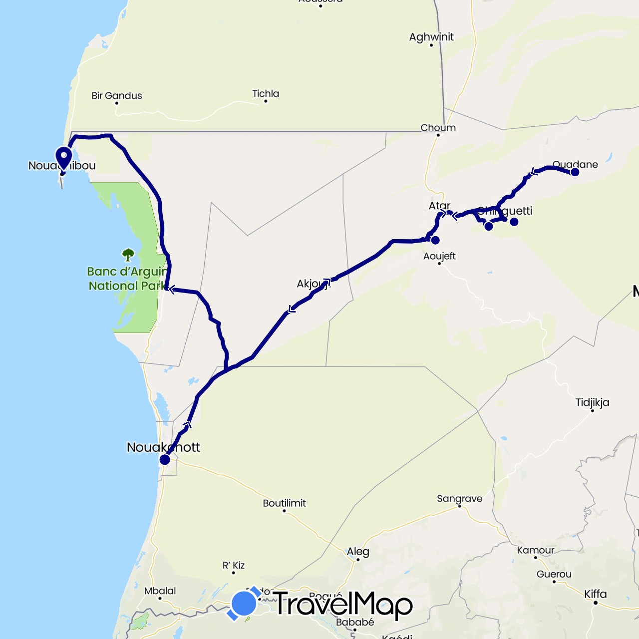 TravelMap itinerary: driving in Mauritania (Africa)