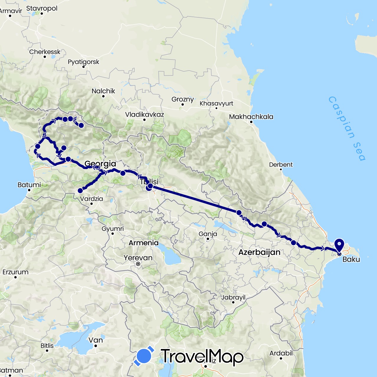 TravelMap itinerary: driving in Azerbaijan, Georgia (Asia)
