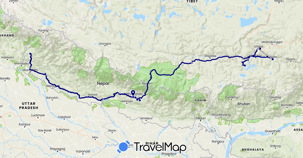 TravelMap itinerary: driving, plane in China, Nepal (Asia)