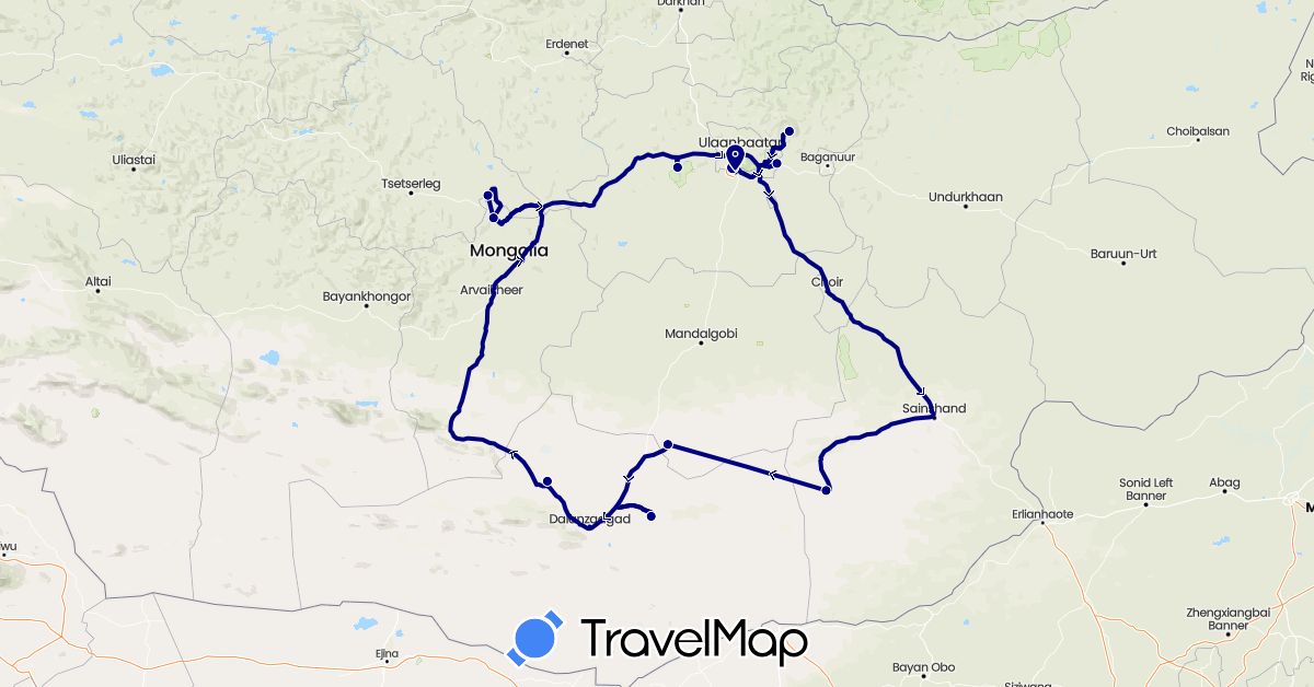 TravelMap itinerary: driving in Mongolia (Asia)