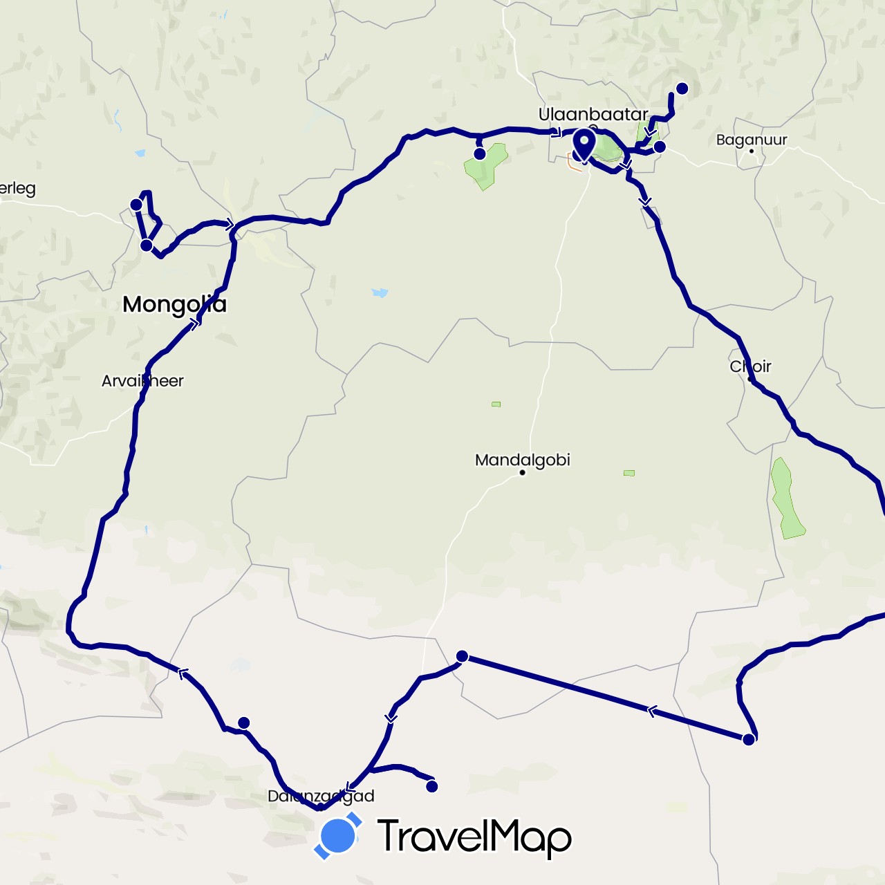 TravelMap itinerary: driving in Mongolia (Asia)