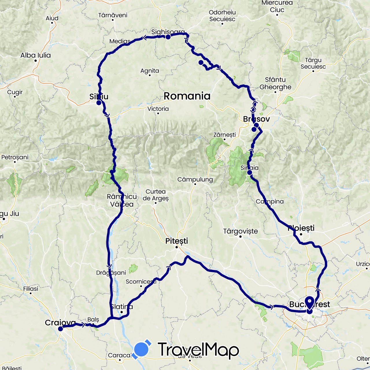 TravelMap itinerary: driving in Romania (Europe)