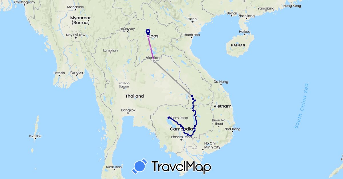 TravelMap itinerary: driving, plane, train in Cambodia, Laos (Asia)
