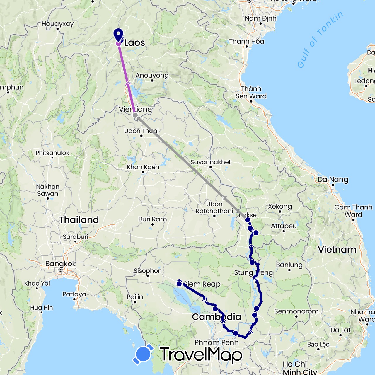 TravelMap itinerary: driving, plane, train in Cambodia, Laos (Asia)