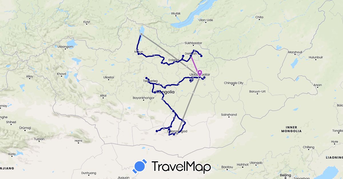 TravelMap itinerary: driving, plane, train in Mongolia (Asia)