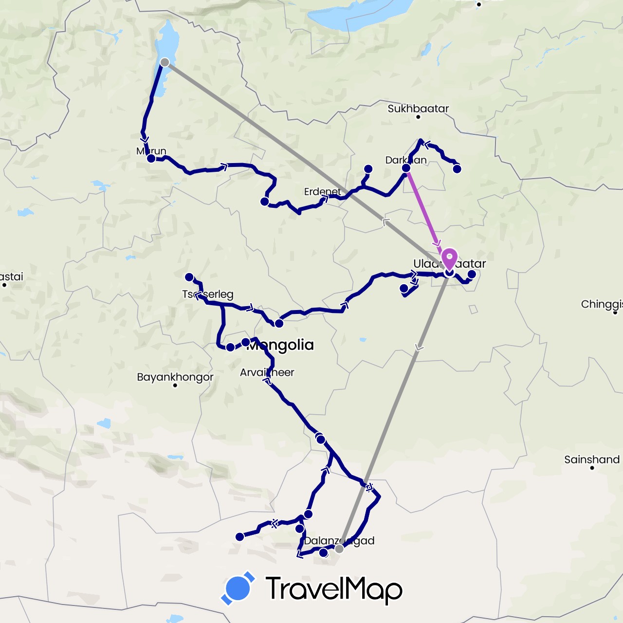 TravelMap itinerary: driving, plane, train in Mongolia (Asia)